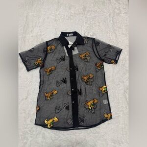 New large men’s black Button Up Shirt sheer Dino sequin festival rave dinosaur